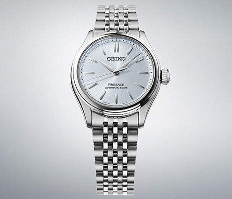 Seiko Presage ladies&rsquo; watch with ice-blue textured dial and applied hour markers on a silver stainless steel bracelet